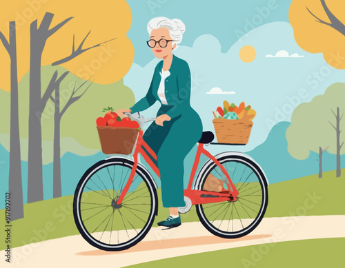 Grandma on bicycle goes to picnic. Active Longevity. Healthy old age. Happy senility 
