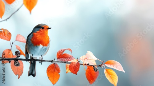 Colorful robin bird perched on a branch with orange leaves. Perfect for autumn-themed designs or nature-inspired stock photos. photo