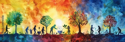 people planting seeds of openmindedness growing into trees of diverse thoughts warm and inviting watercolor  photo