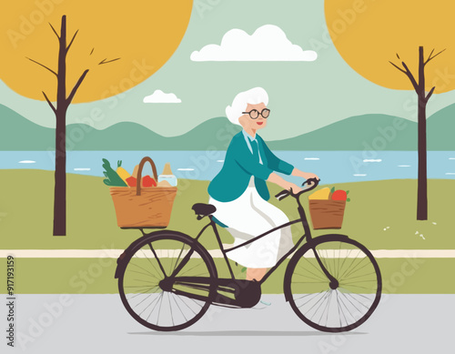 Grandma on bicycle goes to picnic. Active Longevity. Healthy old age. Happy senility 
