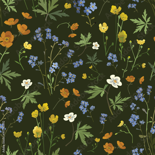 A seamless pattern featuring delicate wildflowers such as blue forgetmenots flowers, buttercups, and anemones in shades of yellow, orange, white, and blue against a deep green background, evoking a