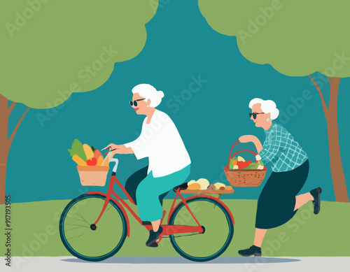 Grandma on bicycle goes to picnic. Active Longevity. Healthy old age. Happy senility 
