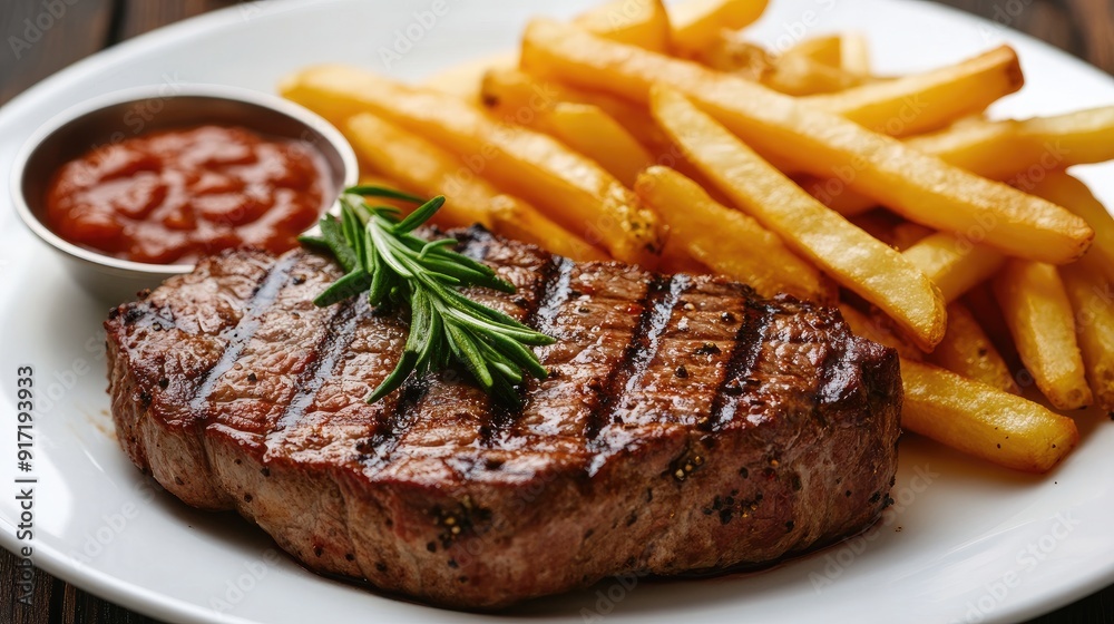 Perfectly grilled beef steak with a side of golden French fries, showcasing a classic and tasty combination. Perfectly grilled beef steak with a side of golden French fries, showcasing a classic and tasty combination.