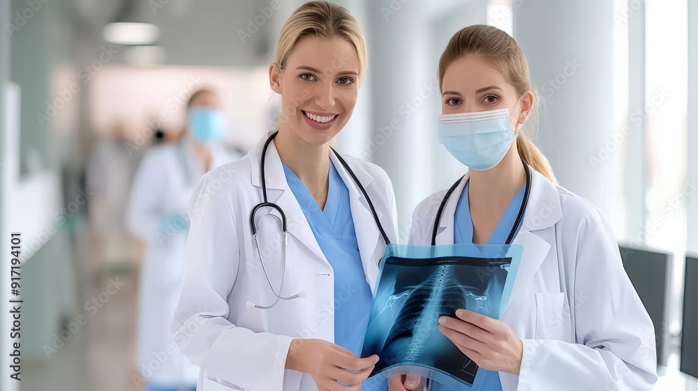 Two female doctors in lab coats reviewing X-ray results in a hospital corridor, smiling and looking at camera, medical professionals Two female doctors in lab coats reviewing X-ray results in a hospital corridor, smiling and looking at camera, medical professionals