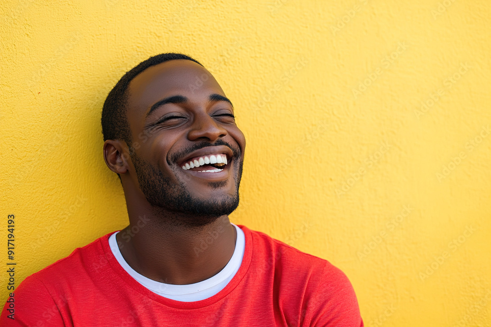Professional Close-Up of a Black Man Smiling and Laughing in Red Shirt and White T-Shirt, Sunlight Enhancing His Joyful Expression Against Yellow Wall Professional Close-Up of a Black Man Smiling and Laughing in Red Shirt and White T-Shirt, Sunlight Enhancing His Joyful Expression Against Yellow Wall