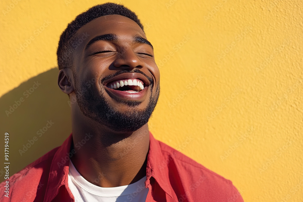 Sunlit Headshot of a Black Man in Red and White, Laughing Heartily with a Clean Focus and Professional Color Grading, Against a Yellow Wall Sunlit Headshot of a Black Man in Red and White, Laughing Heartily with a Clean Focus and Professional Color Grading, Against a Yellow Wall