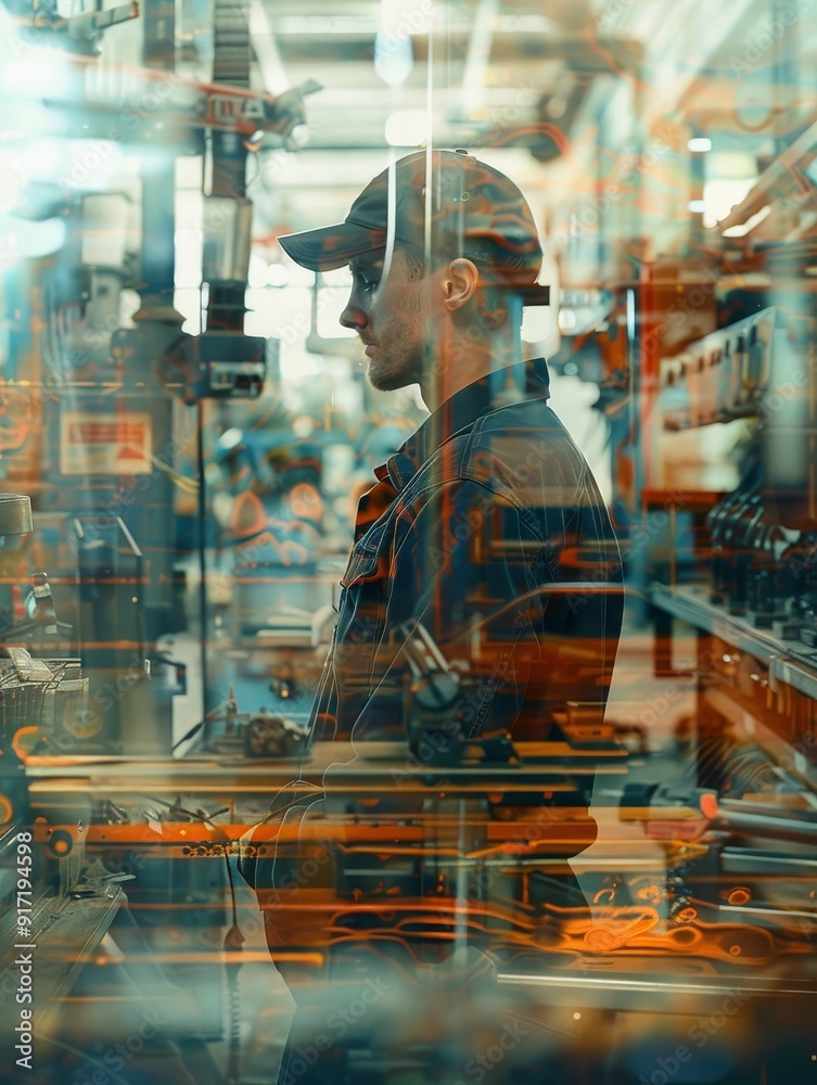 Double exposure of a mechanic in a workshop with tools and machinery surrounding him, blending seamlessly with the industrial equipment background, capturing the essence of hard work and precision. -- Double exposure of a mechanic in a workshop with tools and machinery surrounding him, blending seamlessly with the industrial equipment background, capturing the essence of hard work and precision. --