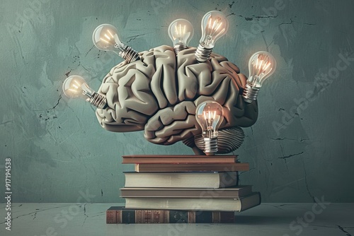 An image of a brain with books and lightbulbs, symbolizing education and knowledge retention photo