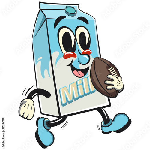 character of a cute milk box cartoon vector isolated clip art mascot illustration playing rugby and american football, work of hand drawn