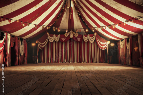 Vintage Circus Tent Interior: An Empty Arena with Striped Ceiling, Red and White Draped Curtains, and Dramatic Lighting on the Center Stage	
