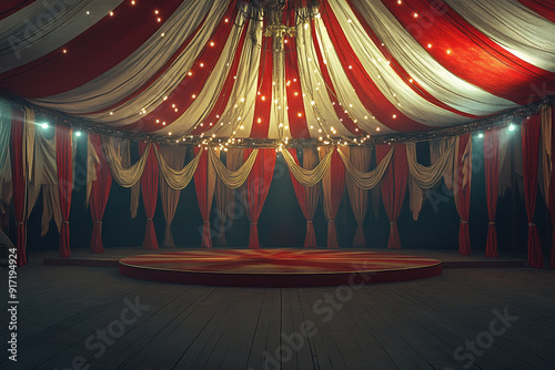 Vintage Circus Tent Interior: An Empty Arena with Striped Ceiling, Red and White Draped Curtains, and Dramatic Lighting on the Center Stage	
