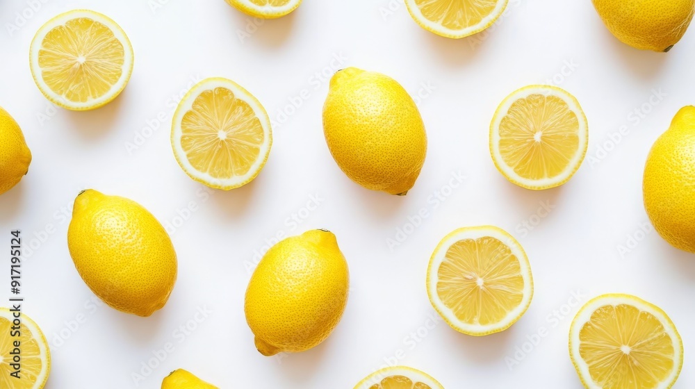 Whole and sliced lemons arranged on a white background in a bright and minimalistic pattern Whole and sliced lemons arranged on a white background in a bright and minimalistic pattern
