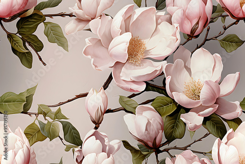  Seamless Vintage Watercolor White, Pink Magnolia French Floral with Leaves Textile, Fabric Design, and Elegant Home Styling on White Background, HD wall Stickers, Wallpaper