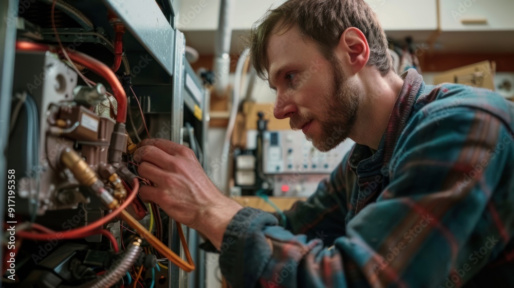 Repairman replacing parts in HVAC system Repairman replacing parts in HVAC system