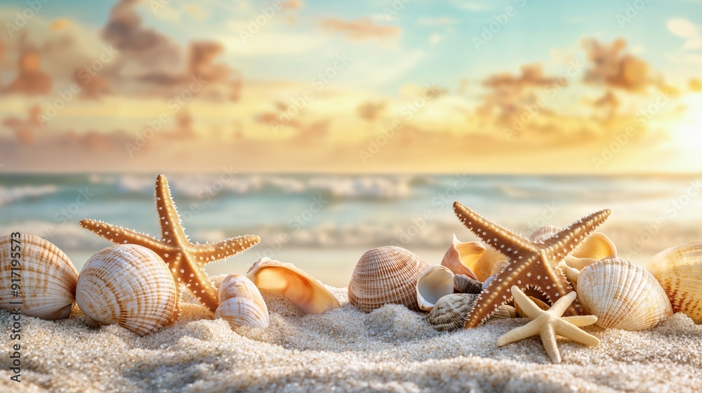 Seashells and starfish on white sand with ocean waves and sunset in the background Seashells and starfish on white sand with ocean waves and sunset in the background