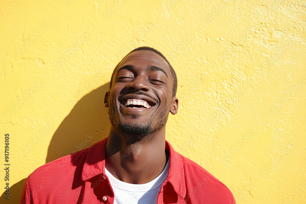 Sunlit Headshot of a Black Man in Red and White, Laughing Heartily with a Clean Focus and Professional Color Grading, Against a Yellow Wall Sunlit Headshot of a Black Man in Red and White, Laughing Heartily with a Clean Focus and Professional Color Grading, Against a Yellow Wall