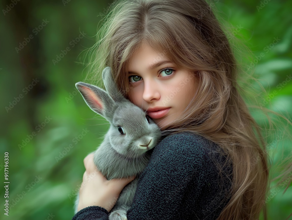 Beautiful blonde woman with green eyes embracing a gray rabbit outdoors in lush green nature, showcasing serene and tender relationship with animal Beautiful blonde woman with green eyes embracing a gray rabbit outdoors in lush green nature, showcasing serene and tender relationship with animal