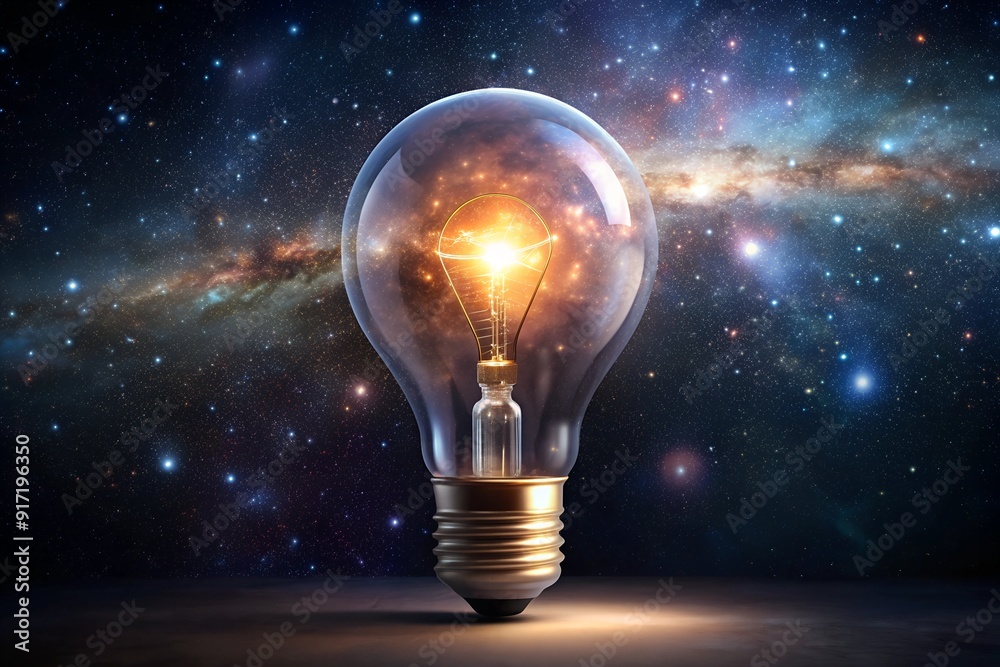 A glowing light bulb floating in the middle of a starry galaxy, symbolizing the birth of ideas and innovation on a cosmic scale. The image merges the concepts of creativity and the vastness A glowing light bulb floating in the middle of a starry galaxy, symbolizing the birth of ideas and innovation on a cosmic scale. The image merges the concepts of creativity and the vastness