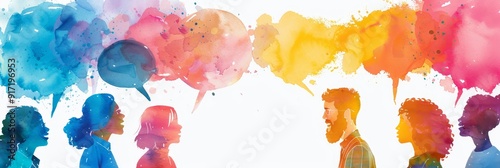 The image represents communication, diversity, collaboration, understanding, and creativity through a diverse group of people sharing ideas using colorful speech bubbles.