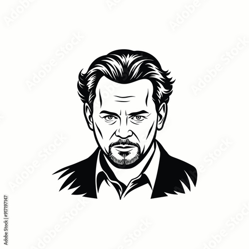 Close-up vector cartoon illustration of an angry, evil businessman with a beard screaming, highlighting his intense facial expression and hair