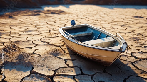 Old Abandoned Boat in a Dry Cracked Lakebed - Heatwave and Climate Change Effects - Arid, Cracked Landscape under a Blazing Sun