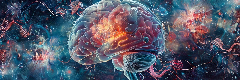 This image depicts a human brain floating in a vibrant abstract universe, symbolizing the boundless potential of the mind, imagination, creativity, and the connection between the physical and the met This image depicts a human brain floating in a vibrant abstract universe, symbolizing the boundless potential of the mind, imagination, creativity, and the connection between the physical and the met