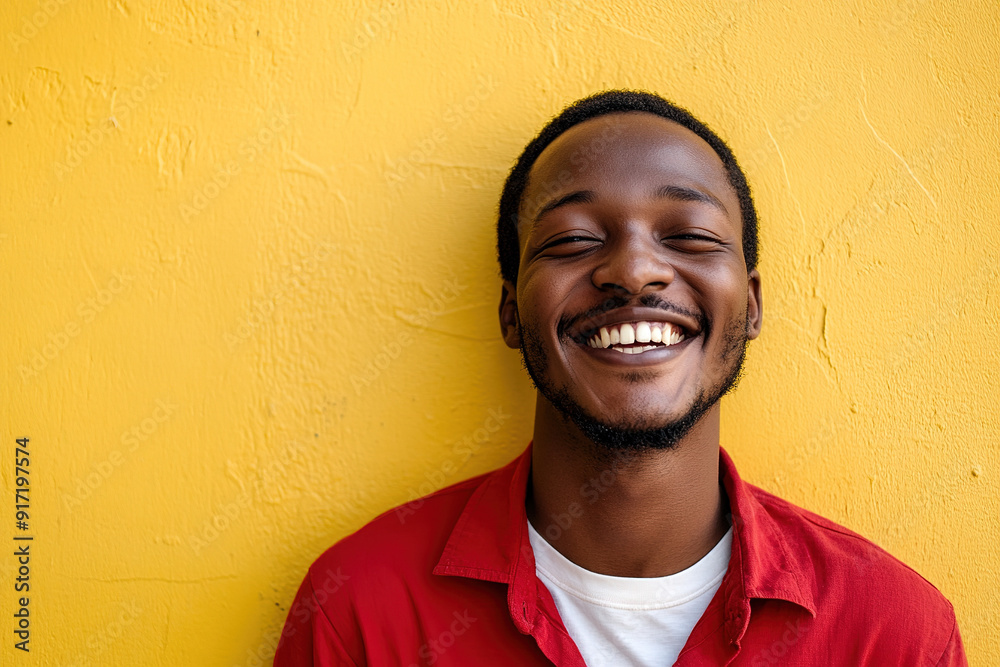 Bright and Cheerful Headshot of a Black Man Wearing a Red Shirt and White T-Shirt, Smiling on a Sunny Day with a Yellow Wall Behind Bright and Cheerful Headshot of a Black Man Wearing a Red Shirt and White T-Shirt, Smiling on a Sunny Day with a Yellow Wall Behind