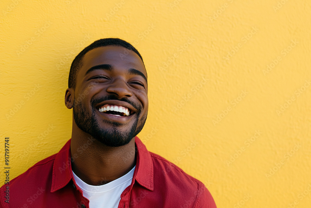 Bright and Cheerful Headshot of a Black Man Wearing a Red Shirt and White T-Shirt, Smiling on a Sunny Day with a Yellow Wall Behind Bright and Cheerful Headshot of a Black Man Wearing a Red Shirt and White T-Shirt, Smiling on a Sunny Day with a Yellow Wall Behind