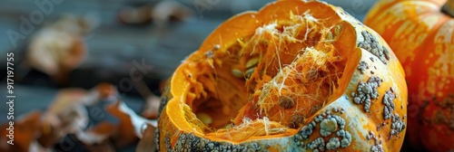 Ripe orange pumpkin contaminated with hazardous mold mature vegetable spoiled by prolonged or improper storage