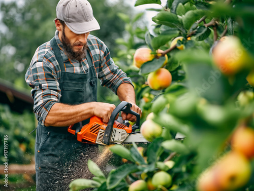 A man is cutting apples with a chainsaw. The man is wearing a hat and apron