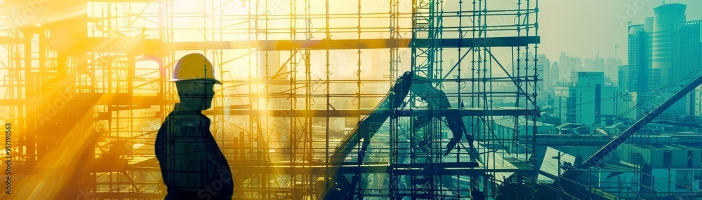 Fototapeta premium Construction worker operating machinery, double exposure with bustling cityscape and scaffolding, vibrant hues, crisp details, professional stock photo.