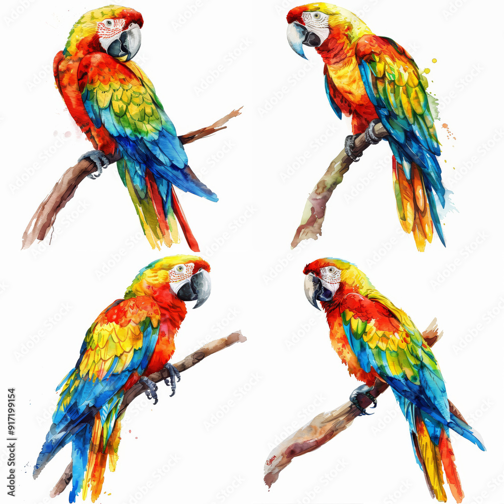 Watercolor parrot standing on a tree branch on white background Watercolor parrot standing on a tree branch on white background