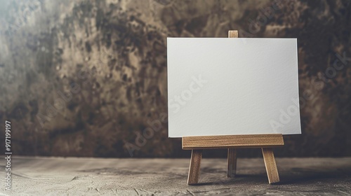 the horizontal postal card in size of 20x15 is on display on a wooden stand, minimal beechwood stand, white cardboards, simple designs photo