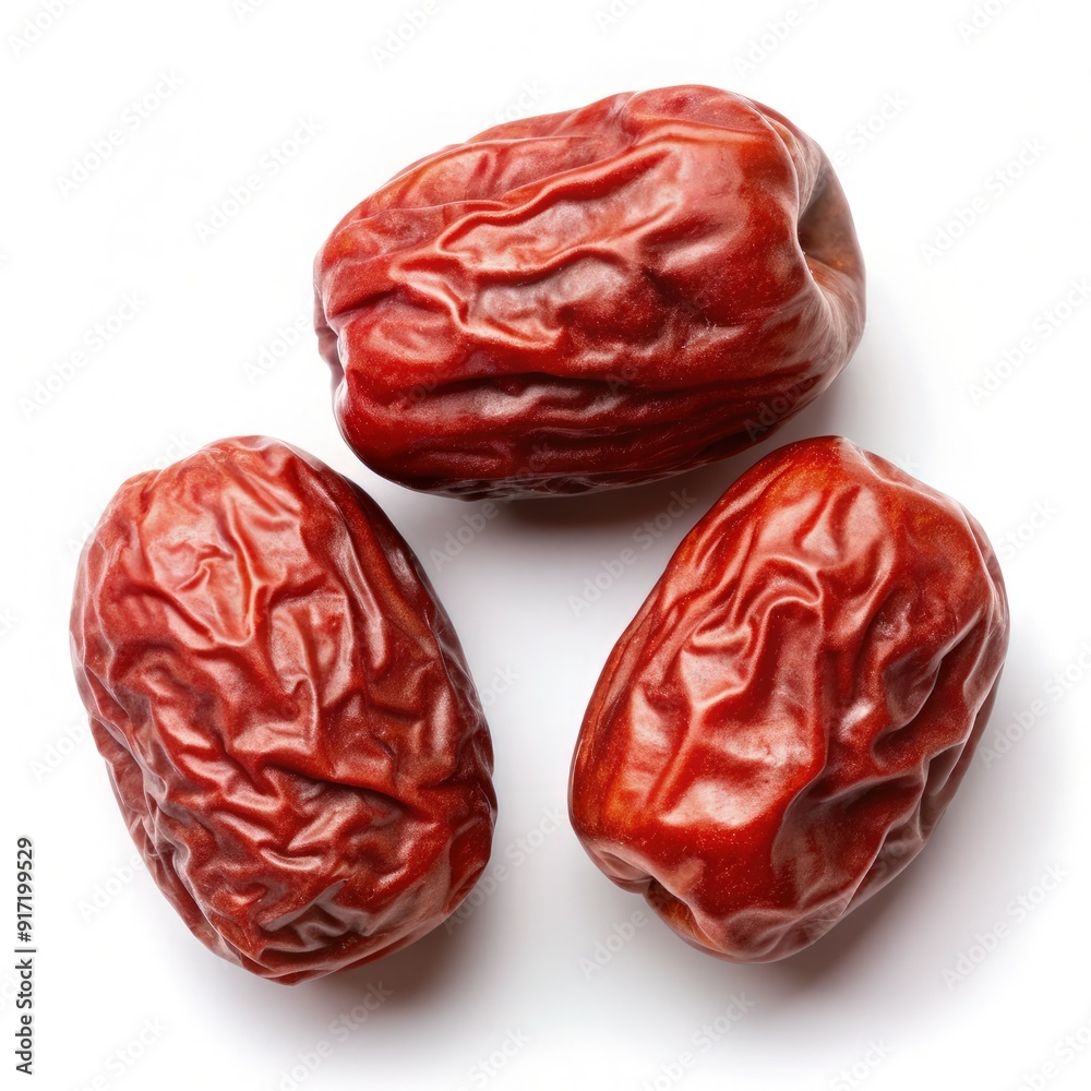 Close-up view of dried red dates, also known as Chinese jujubes, showcasing their wrinkled texture and rich reddish-brown color. Generative AI Close-up view of dried red dates, also known as Chinese jujubes, showcasing their wrinkled texture and rich reddish-brown color. Generative AI