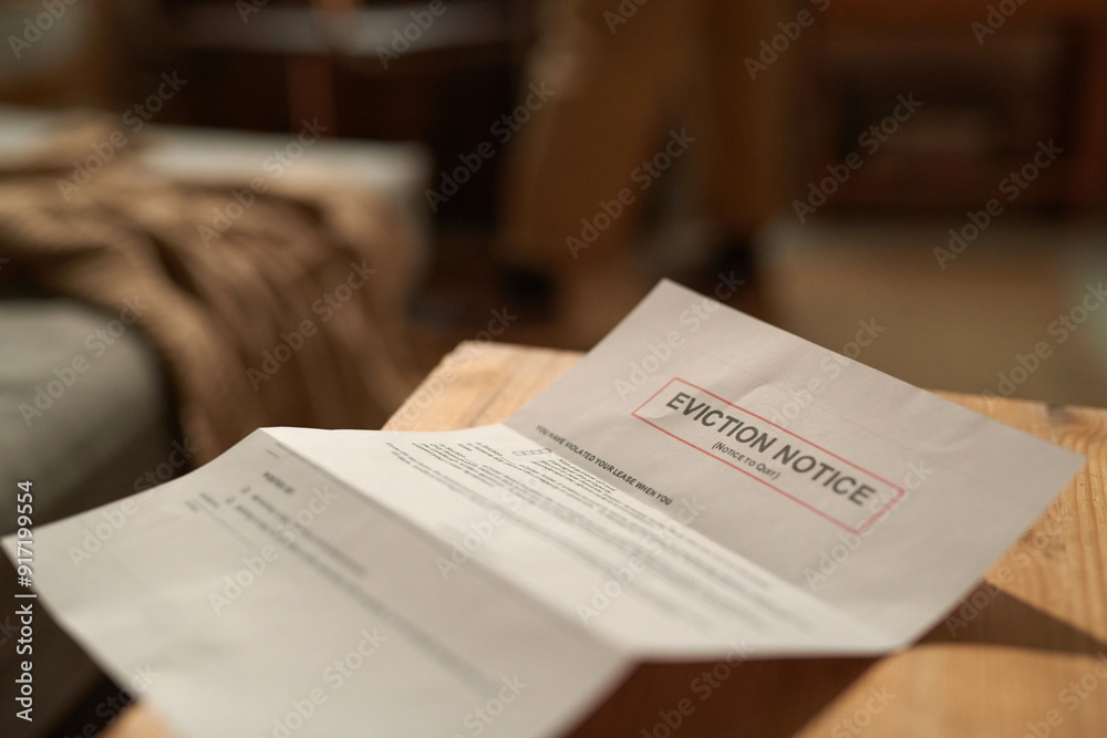 Eviction notice placed on wooden desk in living space setting. Soft focus background provides context of the surrounding environment Eviction notice placed on wooden desk in living space setting. Soft focus background provides context of the surrounding environment
