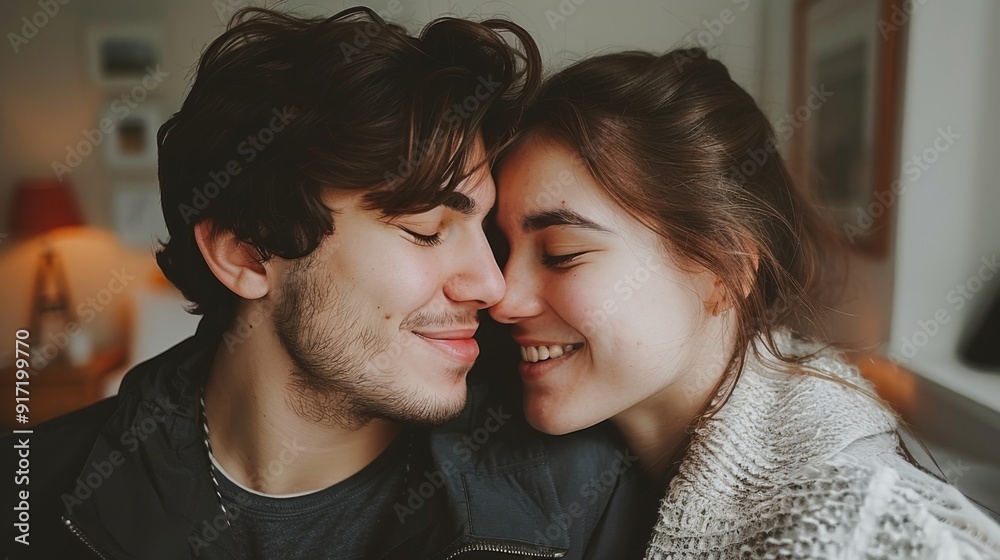 Young couple sharing an intimate moment with noses touching and eyes closed, in a cozy indoor setting, concept of love and affection. Young couple sharing an intimate moment with noses touching and eyes closed, in a cozy indoor setting, concept of love and affection.