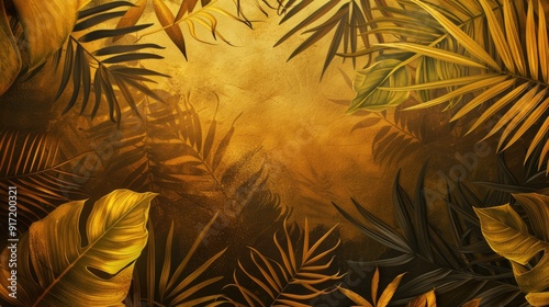 Abstract background with foliage pattern in golden hues for tropical summer designs. Vintage color filter applied for a retro look.