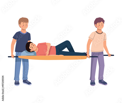 paramedics provide first aid to injured man on stretcher