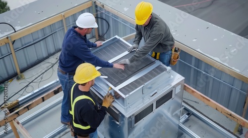 Installation team setting up HVAC unit in commercial building