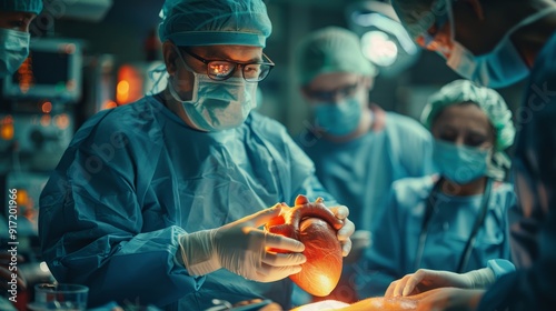 A surgeon instructs young interns about heart transplantation procedures using an artificial organ model for hands-on learning.