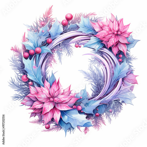 Christmas wreath in the style of light pink watercolor on white background
