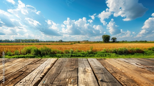 Brown wooden table top with empty background of farmland and blue sky. Joyful picture.