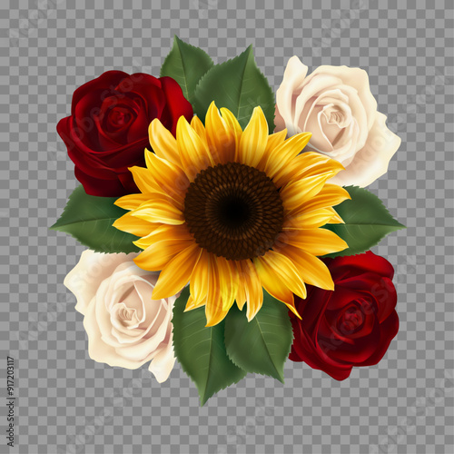 The floral composition with sunflower and roses. Beautiful festive bouquet with white and red flowers and yellow sunflower. Summer decor for a holiday design. 