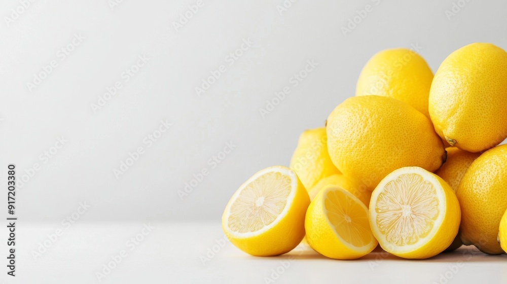 Fresh whole and sliced lemons piled on a white background, showcasing their vibrant yellow color and juicy texture Fresh whole and sliced lemons piled on a white background, showcasing their vibrant yellow color and juicy texture
