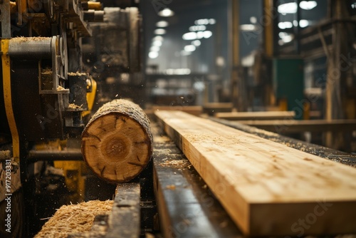 a lumber mill in action with logs being cut