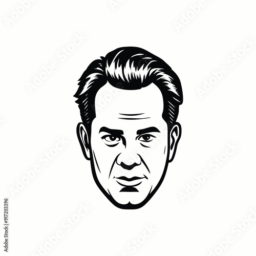 Cartoon vector illustration of a man's smiling face with expressive eyes and black hair