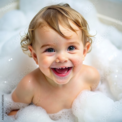 A happy toddler enjoying a bubbly bath time at home in the afternoon. Generative AI