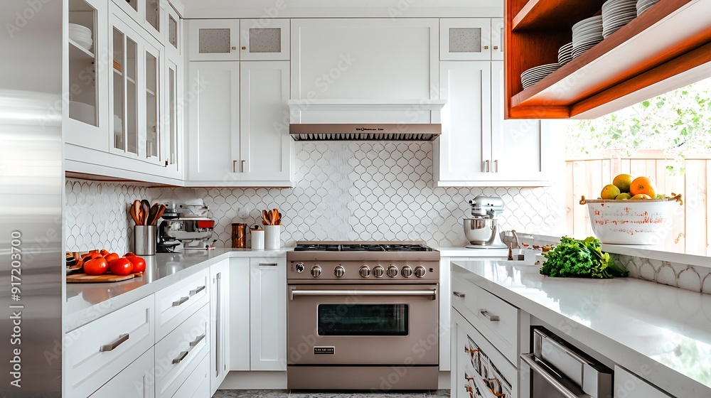 Bright modern kitchen with white cabinets, subway tile, and fresh vegetables on countertop Bright modern kitchen with white cabinets, subway tile, and fresh vegetables on countertop