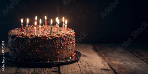 Birthday cake decorated with colorful sprinkles and ten candles