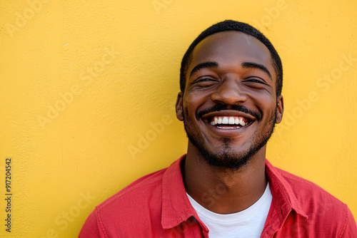 High-Resolution Portrait of a Laughing Black Man in a Red Shirt and White T-Shirt, Illuminated by Sunlight with a Yellow Wall Background 